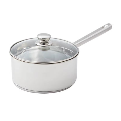 3 Quart Induction Compatible Stainless Steel Saucepan with Straining Lid Durable Tri Ply Base Easy Pour and Strain Cooking