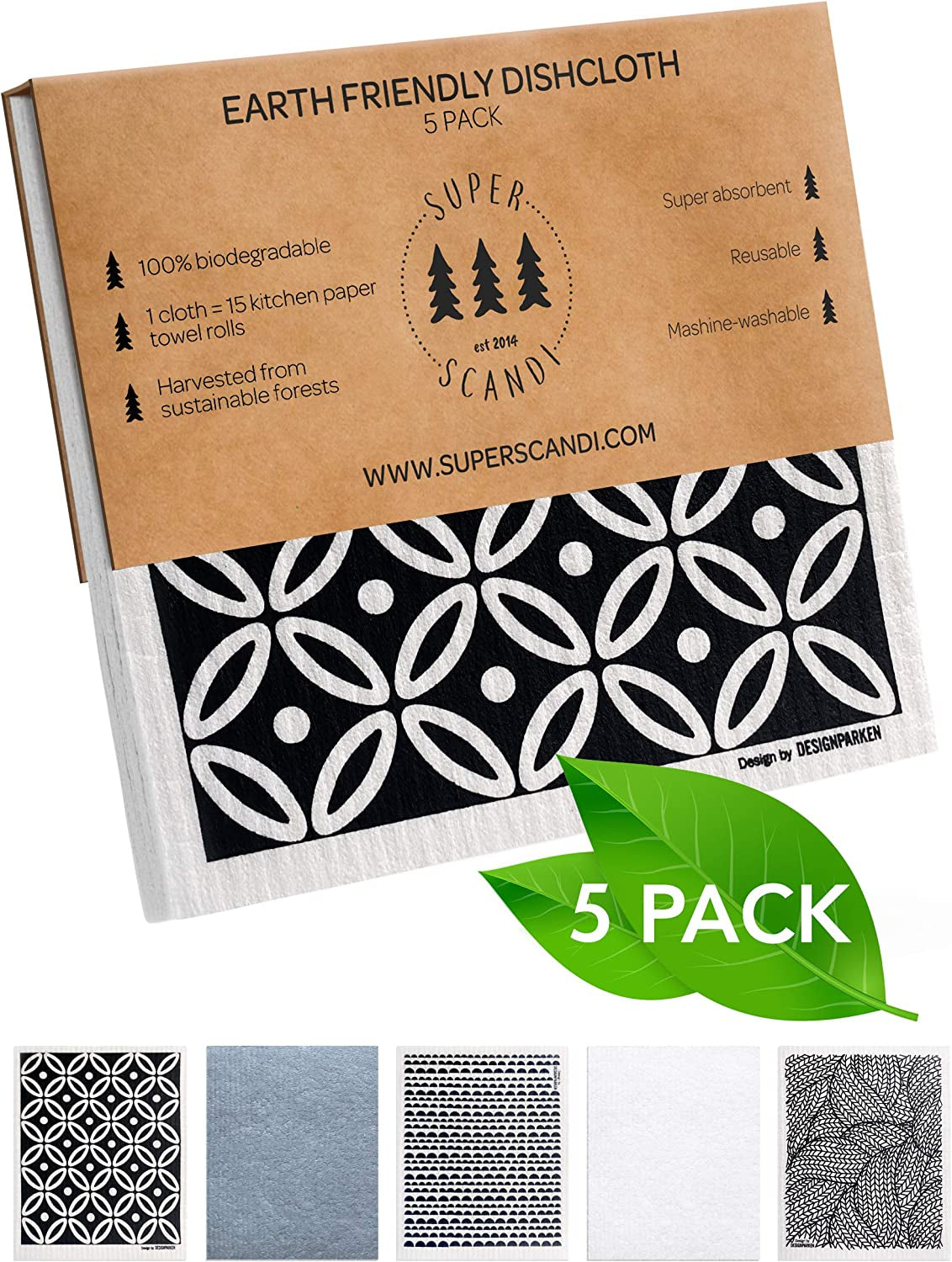5 Pack Swedish Dishcloths for Kitchen - 100% Biodegradable & Compostable, Reusable Paper Towels Washable, Food-Safe & without Plastic - Dish Rags Suitable for Any Surface, Scandi White
