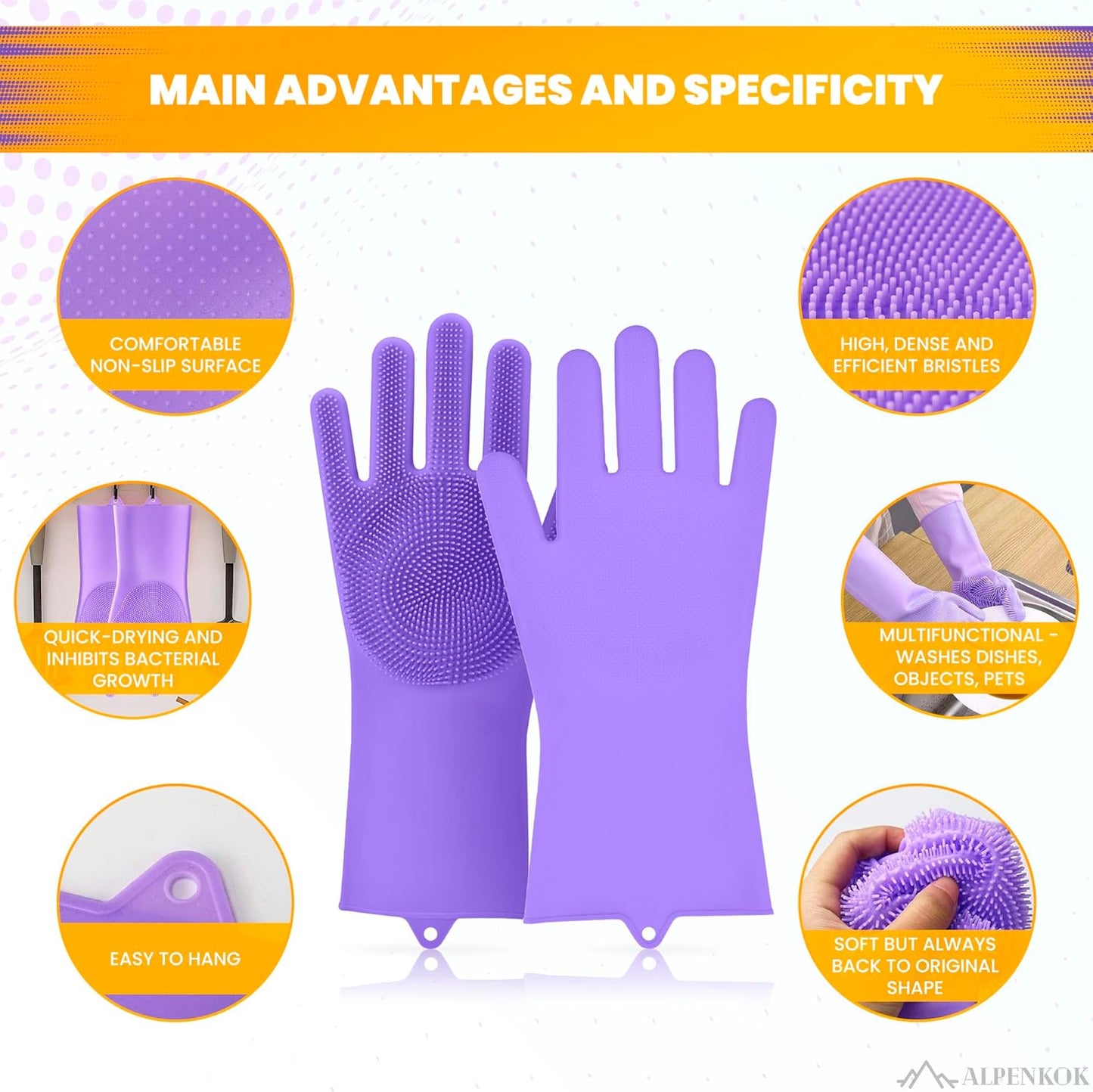 1 Pair Silicone Gloves for Washing Dishes – Tear-Resistant Silicone Dishwashing Gloves with Scrubber |Household Use
