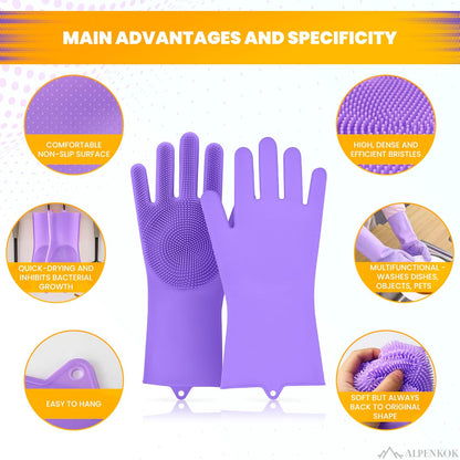 1 Pair Silicone Gloves for Washing Dishes – Tear-Resistant Silicone Dishwashing Gloves with Scrubber |Household Use