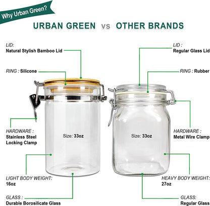 Borosilicate Glass Storage Jars with Airtight Locking Clamp Lids, Airtight Canister Set，Coffee Set of 3 with Spoon (50Oz, 24Oz, 18Oz), Storage Containers with Bamboo Lid