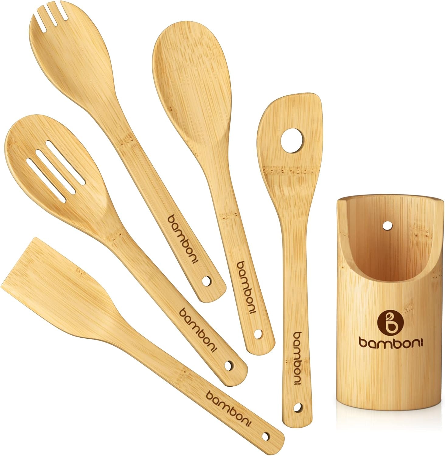 6 Piece Set | Bamboo Cooking Utensils with Holder | Spoon and Spatula Mix | Wooden Kitchen Tools | Perfect for Nonstick Cookware by