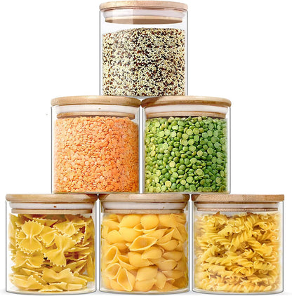Glass Jars with Bamboo Lids, Glass Airtight Canisters Sets, Food Storage Container, Pantry Organization and Storage Jars, Kitchen Canisters Sets, Flour Containers of 6