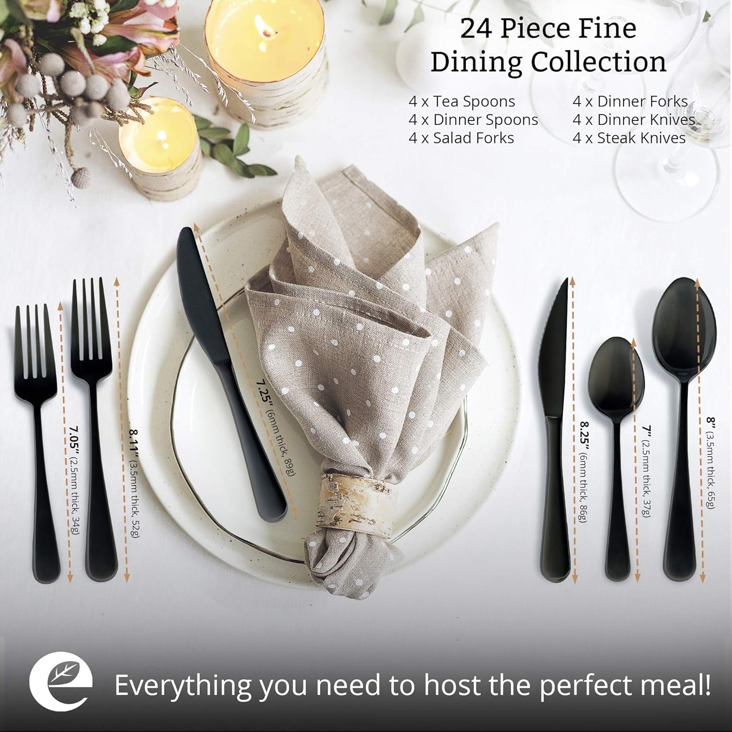 18/8 Stainless Steel Silverware Set for 4 - Complete 24 Piece Flatware Cutlery Set - Elegant and Ergonomic Design -Dishwasher Safe - Stylish & Mirror Finish, Rust-Proof Utensil Sets (Black)