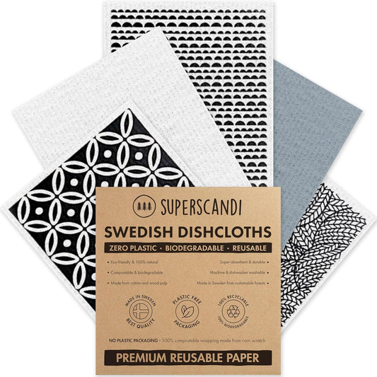 5 Pack Swedish Dishcloths for Kitchen - 100% Biodegradable & Compostable, Reusable Paper Towels Washable, Food-Safe & without Plastic - Dish Rags Suitable for Any Surface, Scandi White