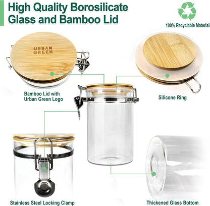 Borosilicate Glass Storage Jars with Airtight Locking Clamp Lids, Airtight Canister Set，Coffee Set of 3 with Spoon (50Oz, 24Oz, 18Oz), Storage Containers with Bamboo Lid
