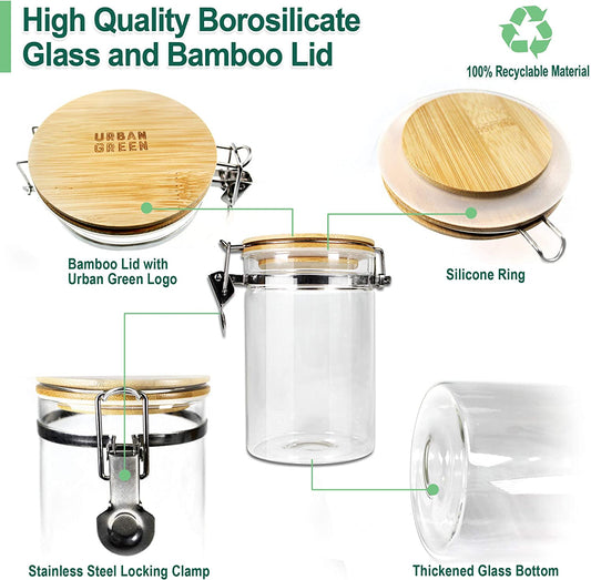 Borosilicate Glass Storage Jars with Airtight Locking Clamp Lids, Airtight Canister Set，Coffee Set of 3 with Spoon (50Oz, 24Oz, 18Oz), Storage Containers with Bamboo Lid