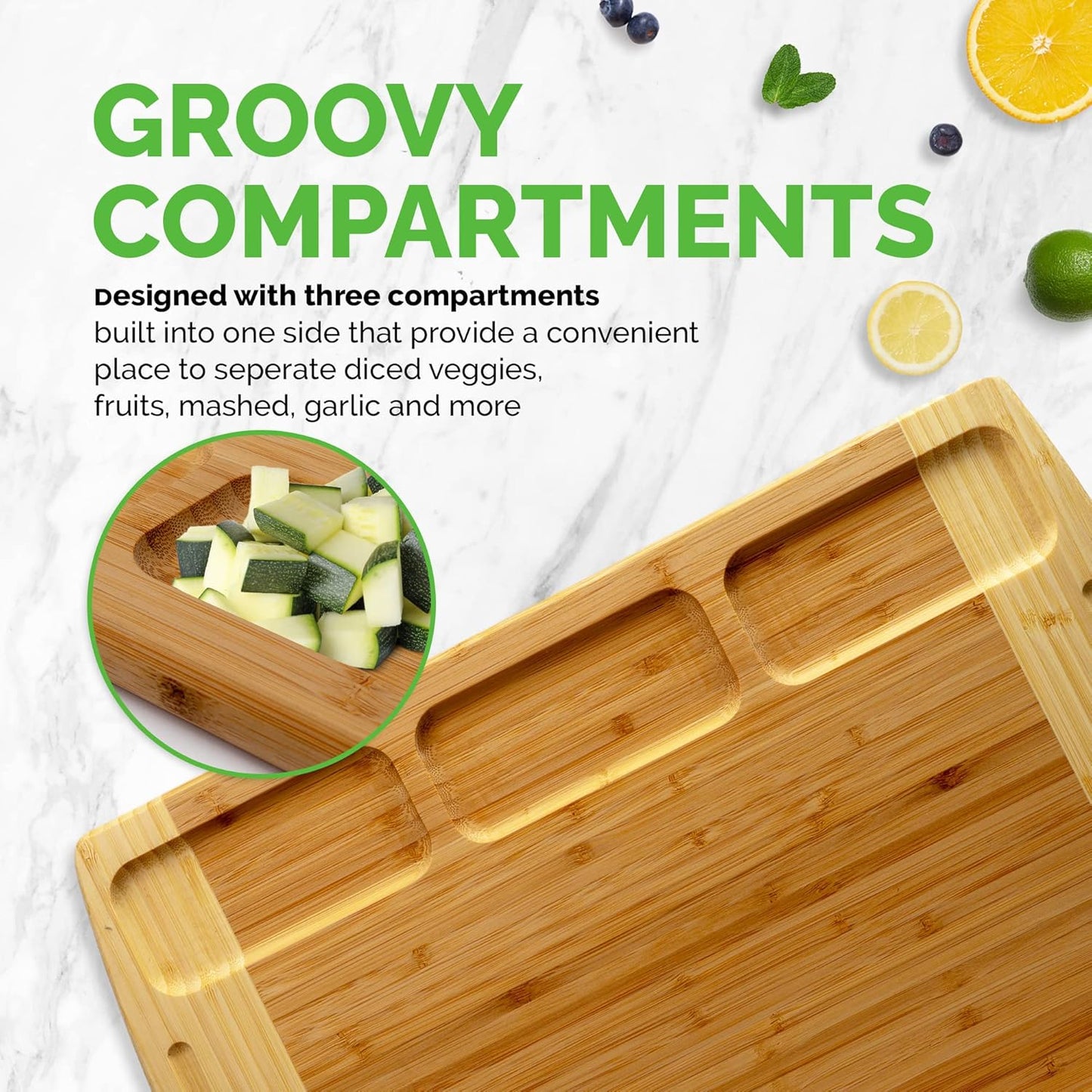 Organic Bamboo Cutting Board for Kitchen with Built-In Compartments and Juice Groove - Wooden Chopping Board for Meat, Cheese Charcuterie Board with Handles, (Extra Large, 18 X 12.5 Inch)