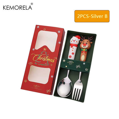 2PCS Stainless Steel Tableware Christmas Spoon Fork Set Cake Dessert Spoon Fruit Fork Santa Elk Doll Spoon Christmas Gifts