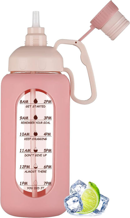 64Oz Glass Water Bottles with Straw, Half Gallon Water Jug with Time Marker, Sports Large Motivational Bottle with Silicone Sleeve, Pink