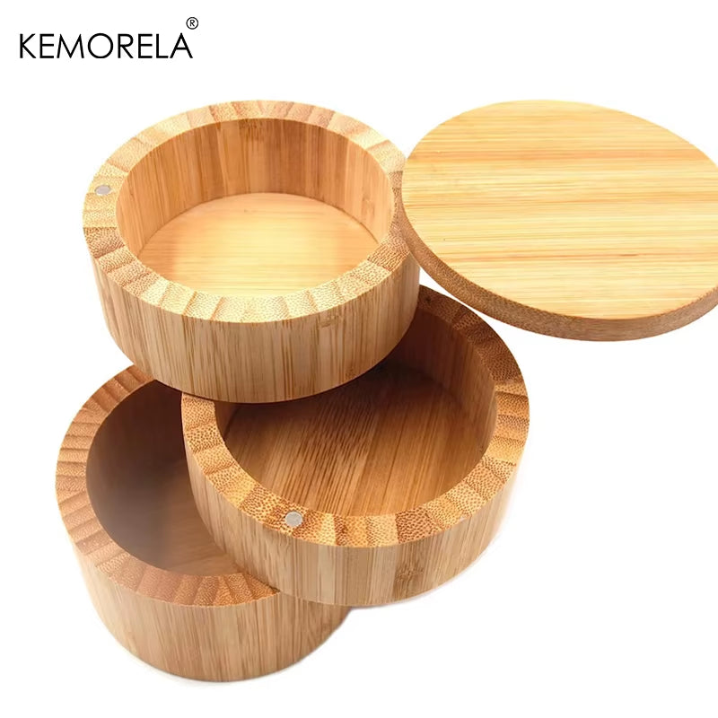 Bamboo Salt Box round Bamboo Jar Salt and Spices Storage Container Spice Container Seasoning Jar 3-Tier Bamboo Wood Container
