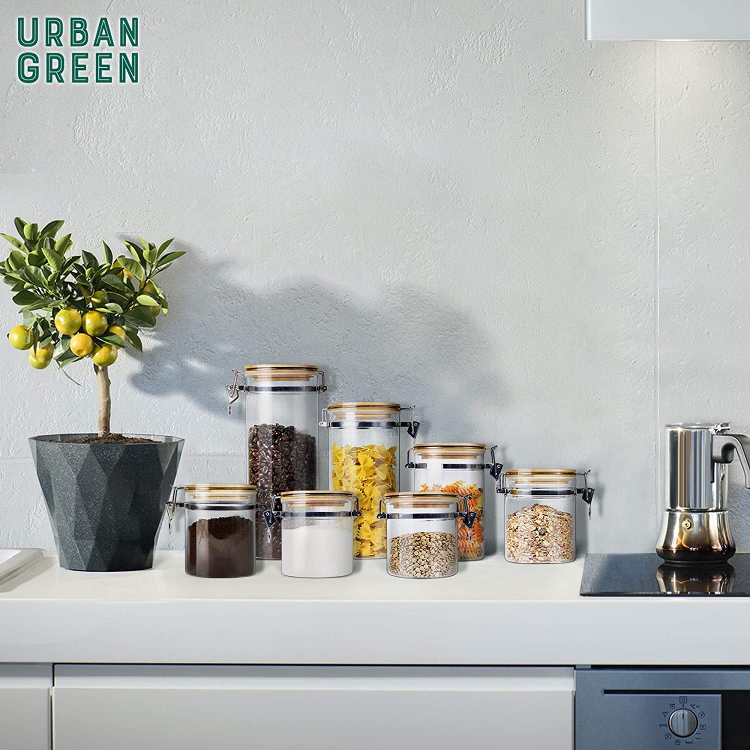 Borosilicate Glass Storage Jars with Airtight Locking Clamp Lids, Airtight Canister Set，Coffee Set of 3 with Spoon (50Oz, 24Oz, 18Oz), Storage Containers with Bamboo Lid