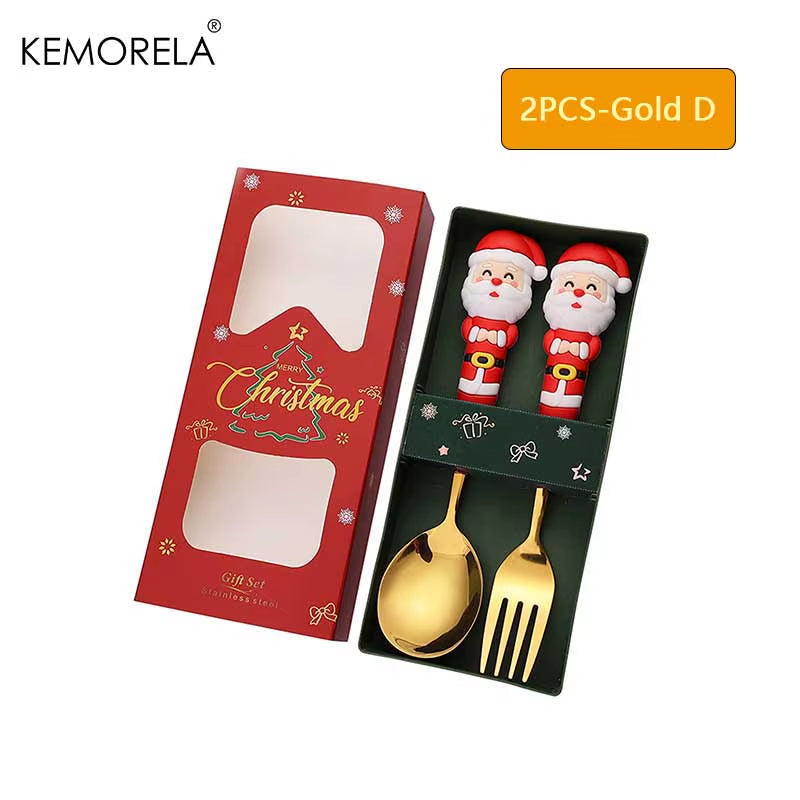 2PCS Stainless Steel Tableware Christmas Spoon Fork Set Cake Dessert Spoon Fruit Fork Santa Elk Doll Spoon Christmas Gifts