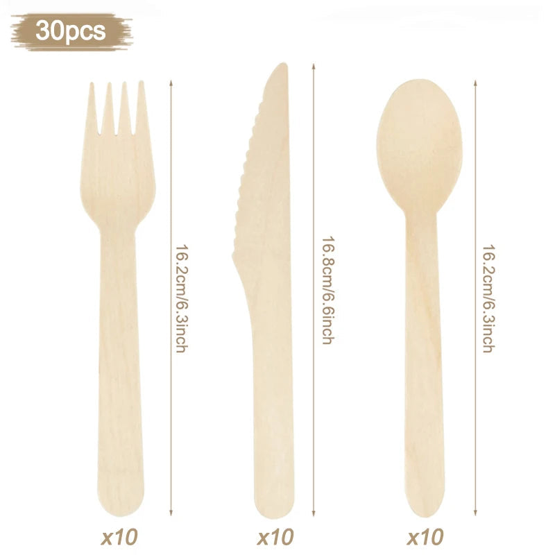 100% Compostable Cutlery Set - Wooden Compostable Utensils - Disposable Wooden Cutlery, Eco Friendly Forks and Spoons Disposable Cutlery Set Party Utensils