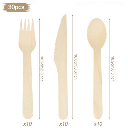 100% Compostable Cutlery Set - Wooden Compostable Utensils - Disposable Wooden Cutlery, Eco Friendly Forks and Spoons Disposable Cutlery Set Party Utensils