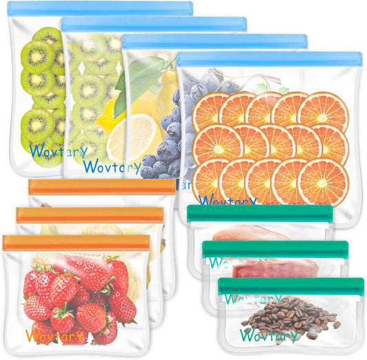 10 Pack Reusable Sandwich & Snack Bags, Dishwasher Safe, Leakproof Silicone - Free Plastic BPA Free for Food Travel (4 Gallon, 3 Sandwich, 3 Snack)