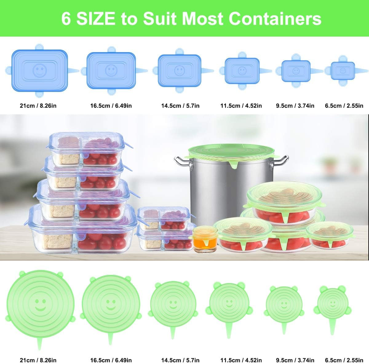 Silicone Stretch Lids for Food Storage in Fridge, 12 Pack Silicone Lids, Reusable Food Grade Silicone Bowl Covers for Cups, Bowls and Dish, 6 Sizes round and Rectangle Shape
