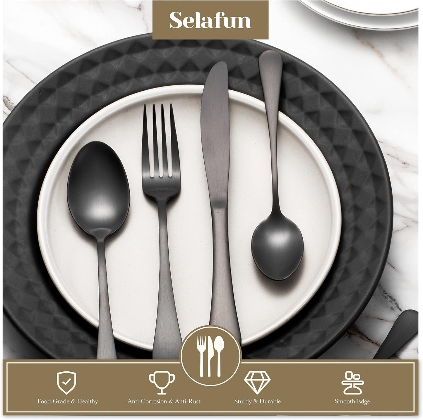 24 Piece Matte Black Flatware Set.Stainless Steel Matte Black Silverware Set Titanium Plating Tableware Cutlery Set. Utensil Set for Kitchens. Dishwasher Safe(Service for 4)