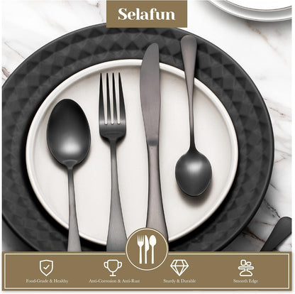 24 Piece Matte Black Flatware Set.Stainless Steel Matte Black Silverware Set Titanium Plating Tableware Cutlery Set. Utensil Set for Kitchens. Dishwasher Safe(Service for 4)