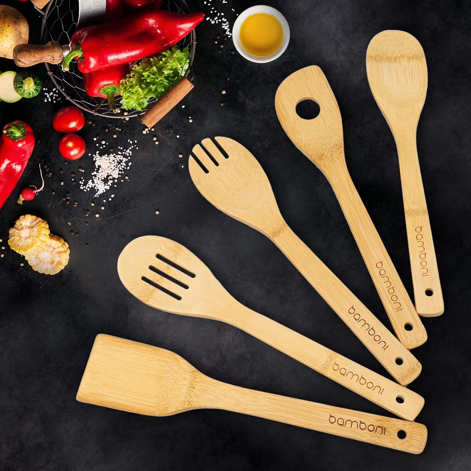 6 Piece Set | Bamboo Cooking Utensils with Holder | Spoon and Spatula Mix | Wooden Kitchen Tools | Perfect for Nonstick Cookware by