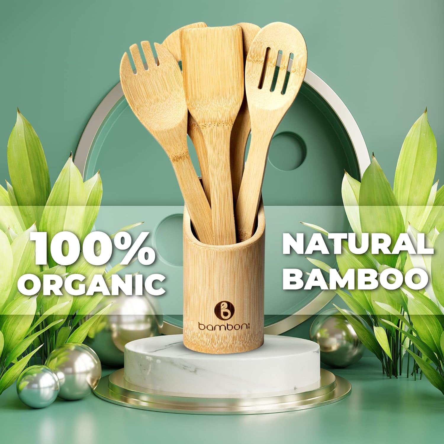6 Piece Set | Bamboo Cooking Utensils with Holder | Spoon and Spatula Mix | Wooden Kitchen Tools | Perfect for Nonstick Cookware by