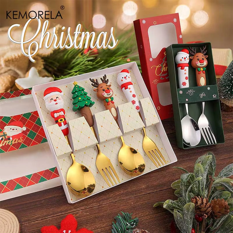 2PCS Stainless Steel Tableware Christmas Spoon Fork Set Cake Dessert Spoon Fruit Fork Santa Elk Doll Spoon Christmas Gifts