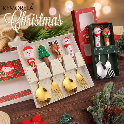 2PCS Stainless Steel Tableware Christmas Spoon Fork Set Cake Dessert Spoon Fruit Fork Santa Elk Doll Spoon Christmas Gifts