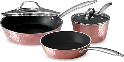 Luxurious Ceramic 5 Piece Rose Gold Cookware Set with Glass Lids, Lightweight, Scratch-Resistant, Dishwasher and Oven Safe up to 500°F