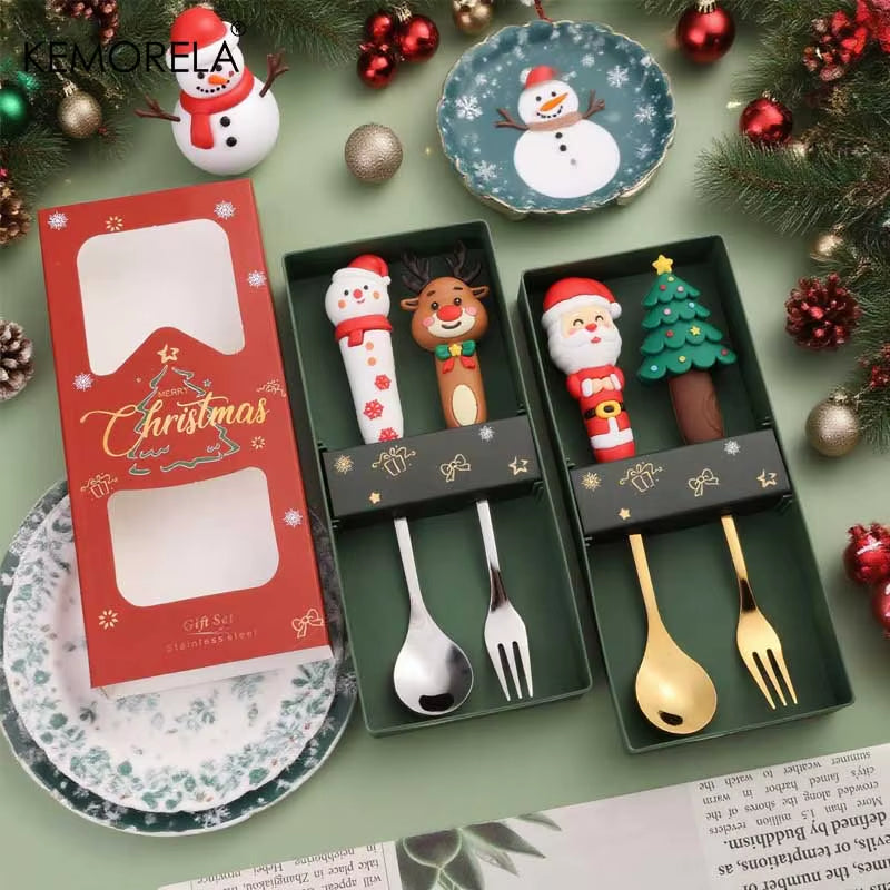 2PCS Stainless Steel Tableware Christmas Spoon Fork Set Cake Dessert Spoon Fruit Fork Santa Elk Doll Spoon Christmas Gifts
