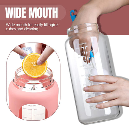 64Oz Glass Water Bottles with Straw, Half Gallon Water Jug with Time Marker, Sports Large Motivational Bottle with Silicone Sleeve, Pink