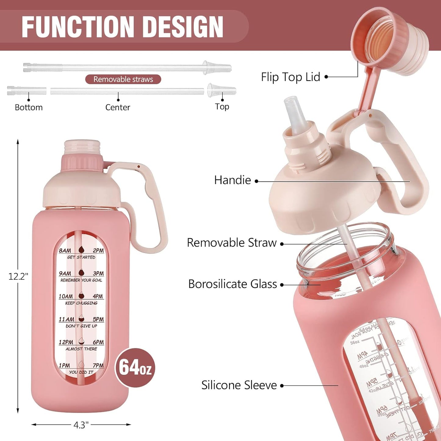 64Oz Glass Water Bottles with Straw, Half Gallon Water Jug with Time Marker, Sports Large Motivational Bottle with Silicone Sleeve, Pink