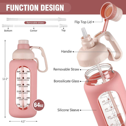 64Oz Glass Water Bottles with Straw, Half Gallon Water Jug with Time Marker, Sports Large Motivational Bottle with Silicone Sleeve, Pink