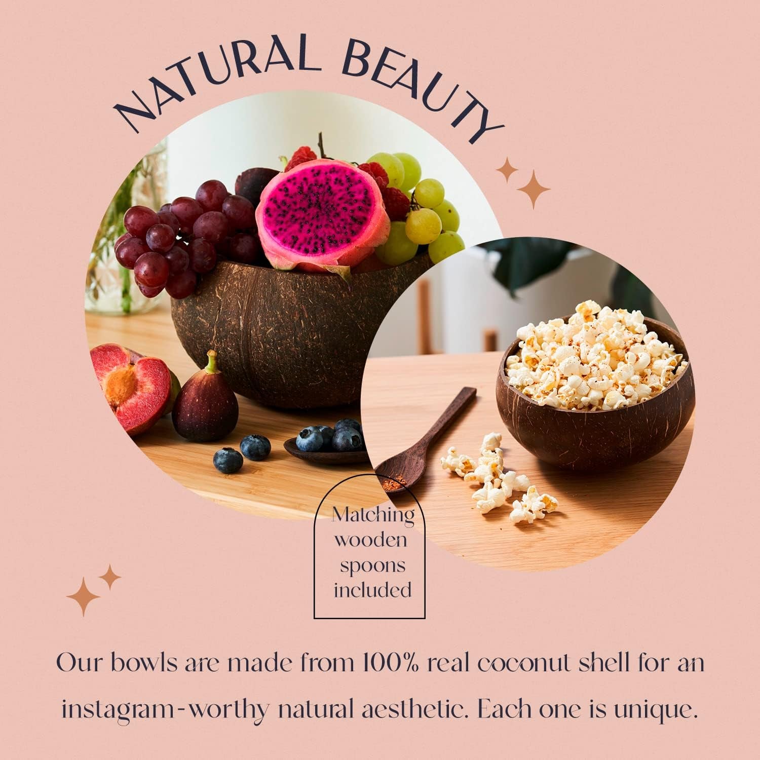 Coconut Bowl Set with Wooden Spoons – Eco-Friendly Acai Bowls, Yogurt Bowls & Smoothie Bowl – Ideal for Ninja Creami & Healthy Breakfasts (2, Natural)
