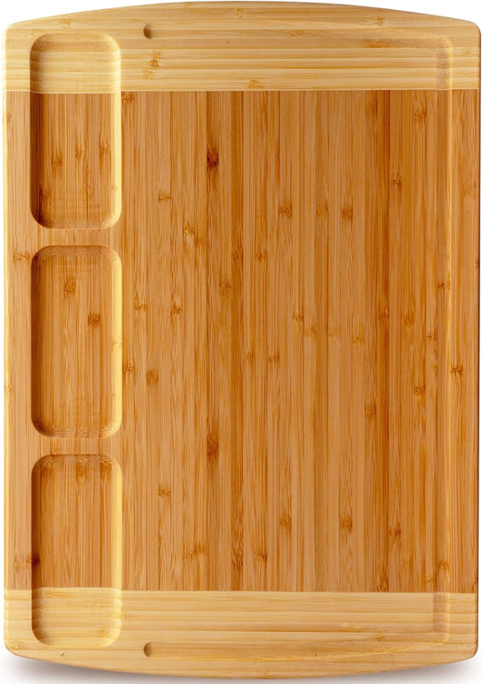 Organic Bamboo Cutting Board for Kitchen with Built-In Compartments and Juice Groove - Wooden Chopping Board for Meat, Cheese Charcuterie Board with Handles, (Extra Large, 18 X 12.5 Inch)