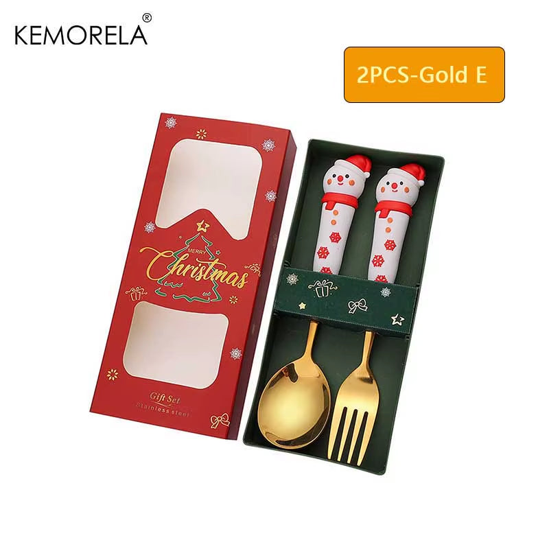 2PCS Stainless Steel Tableware Christmas Spoon Fork Set Cake Dessert Spoon Fruit Fork Santa Elk Doll Spoon Christmas Gifts