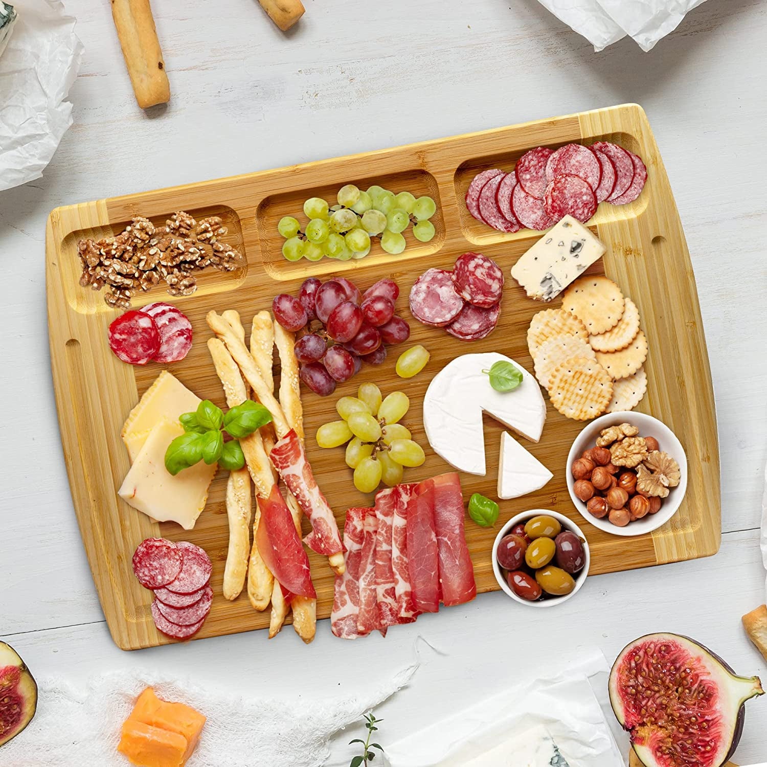 Organic Bamboo Cutting Board for Kitchen with Built-In Compartments and Juice Groove - Wooden Chopping Board for Meat, Cheese Charcuterie Board with Handles, (Extra Large, 18 X 12.5 Inch)