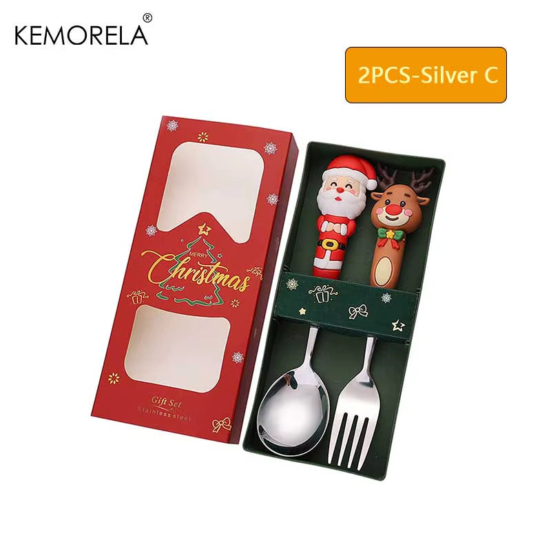 2PCS Stainless Steel Tableware Christmas Spoon Fork Set Cake Dessert Spoon Fruit Fork Santa Elk Doll Spoon Christmas Gifts