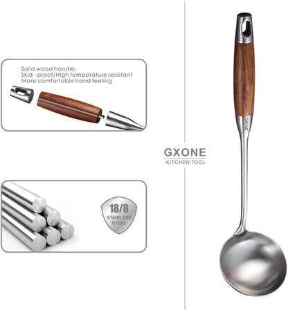Soup Ladle,304 Stainless Steel Cooking Ladle Spoon Wok Tools with Long Wooden Handle Heat Resistant,Silver/14.6Inch