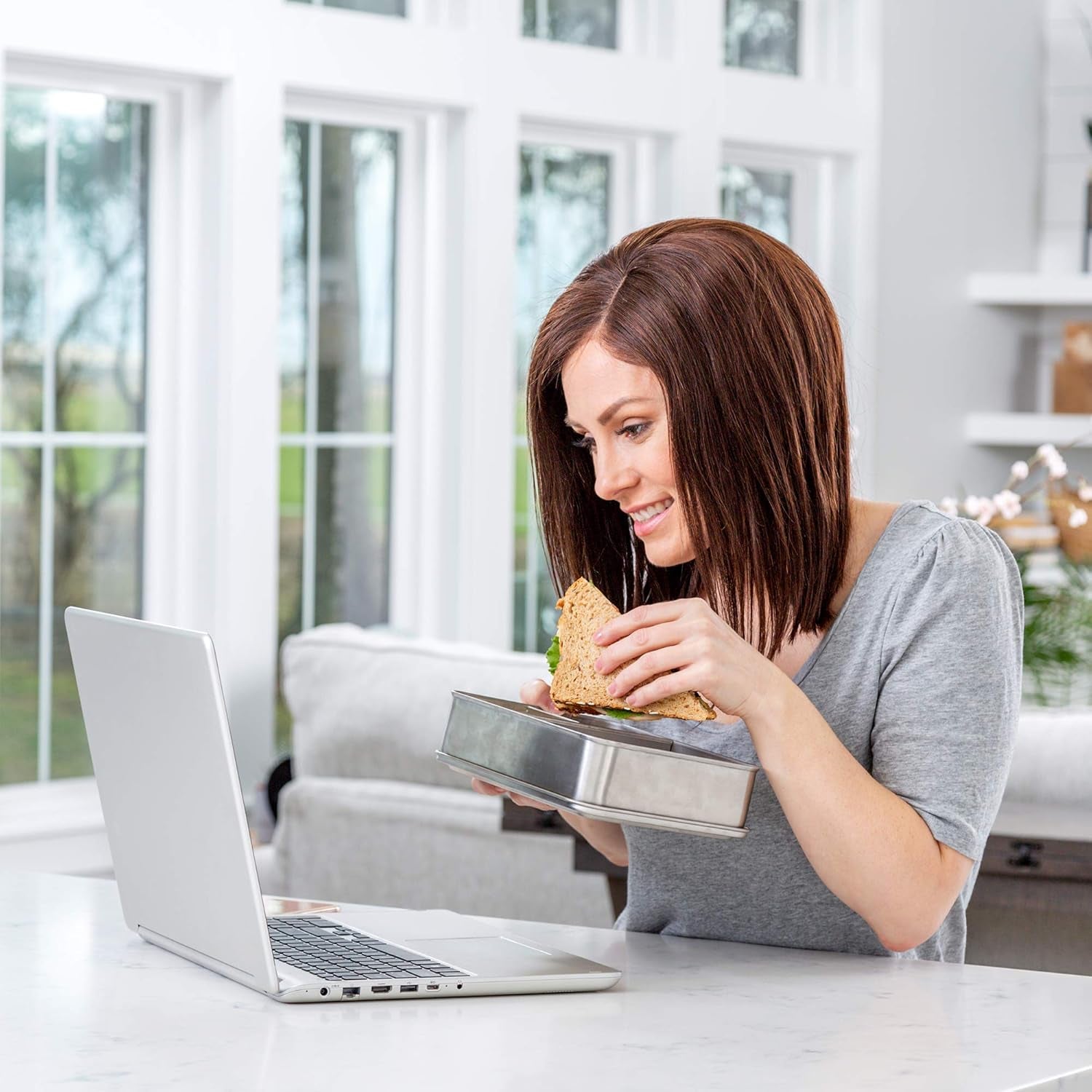 18/8 Stainless Steel Bento Box (Large) - 3 Compartment Metal Lunch Box, Skid-Proof Silicone, for Kids & Adults, Bonus Dip Container, Fits in Lunch & Work Bags, Dishwasher & Freezer Friendly