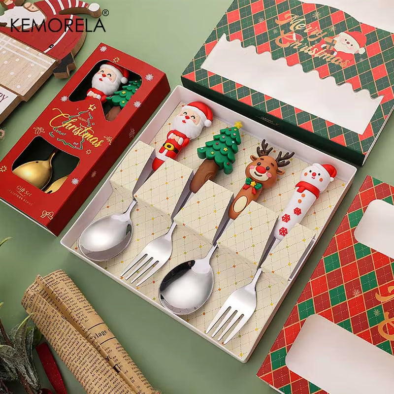 2PCS Stainless Steel Tableware Christmas Spoon Fork Set Cake Dessert Spoon Fruit Fork Santa Elk Doll Spoon Christmas Gifts