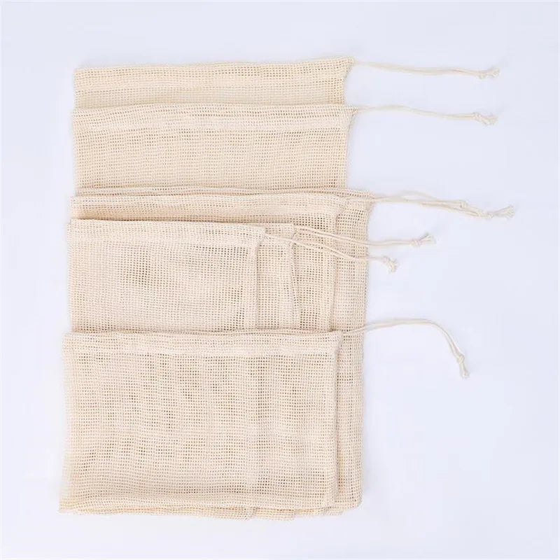 Cotton Mesh Vegetable Bags Produce Bag Reusable Cotton Mesh Vegetable Storage Bag Kitchen Fruit Vegetable with Drawstring