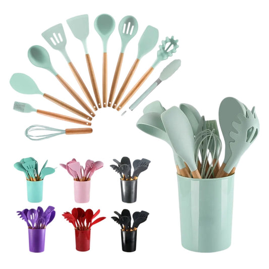 12 Piece Kitchen Cooking Utensil Set Silicone Wood Heat Resistant Kitchenware