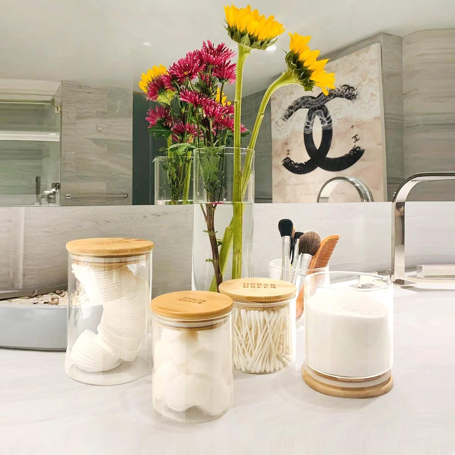 Glass Jars with Bamboo Lids, Glass Airtight Canisters Sets, Food Storage Container, Pantry Organization and Storage Jars, Kitchen Canisters Sets, Flour Containers of 6