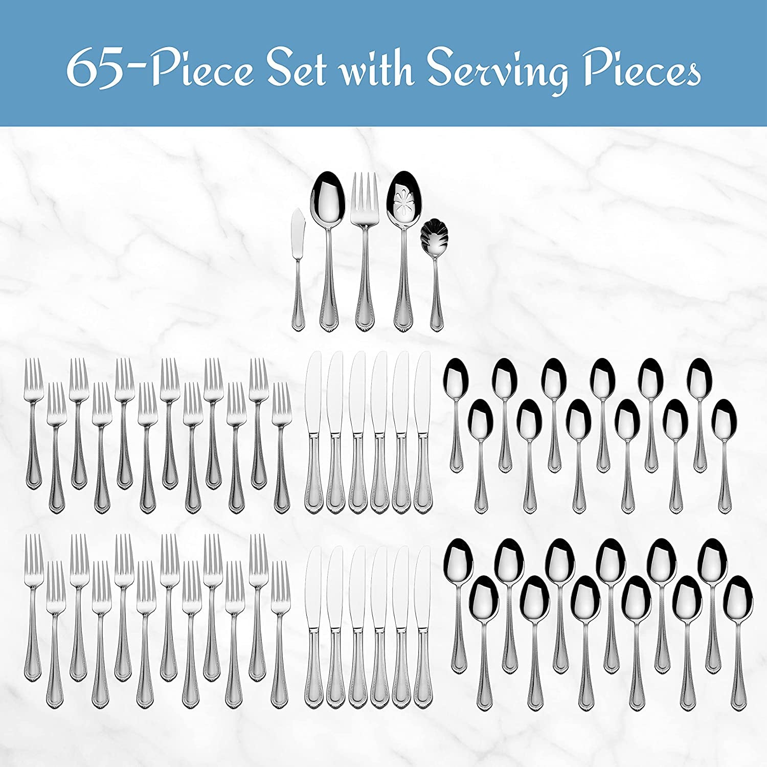 Regent Bead 65-Piece Flatware Set for 12, 18/10 Stainless Steel Silverware with Full Service and Serving Utensils, Classic Beaded Edge Design
