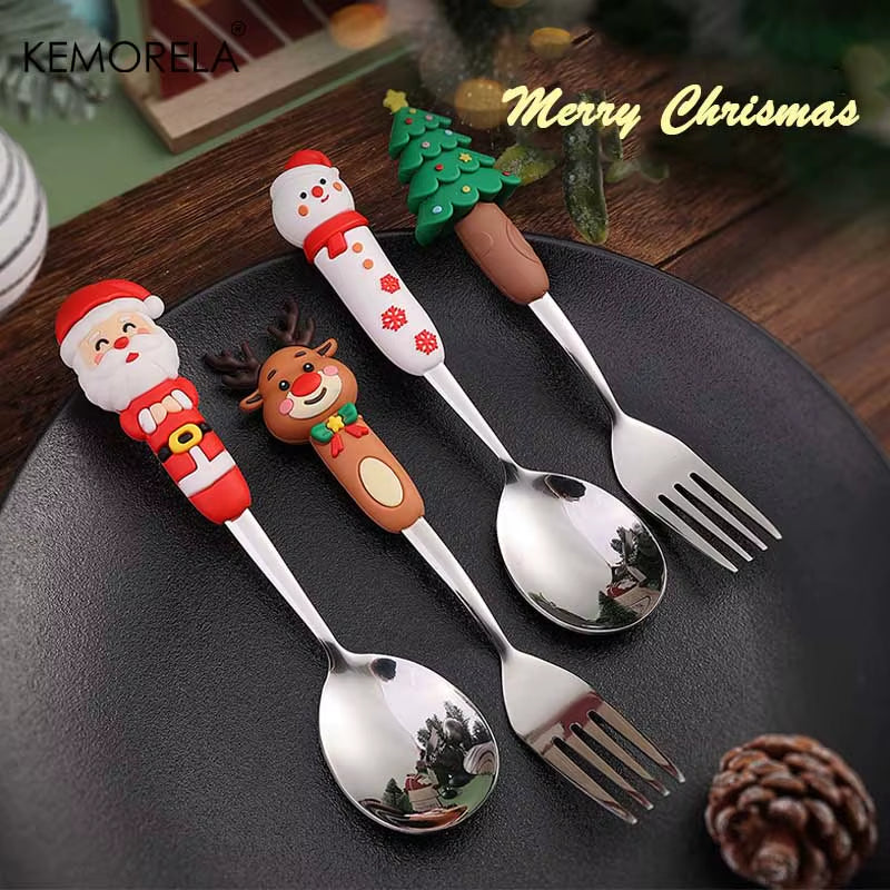 2PCS Stainless Steel Tableware Christmas Spoon Fork Set Cake Dessert Spoon Fruit Fork Santa Elk Doll Spoon Christmas Gifts
