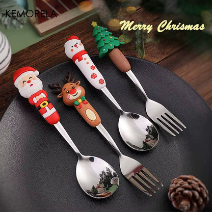 2PCS Stainless Steel Tableware Christmas Spoon Fork Set Cake Dessert Spoon Fruit Fork Santa Elk Doll Spoon Christmas Gifts