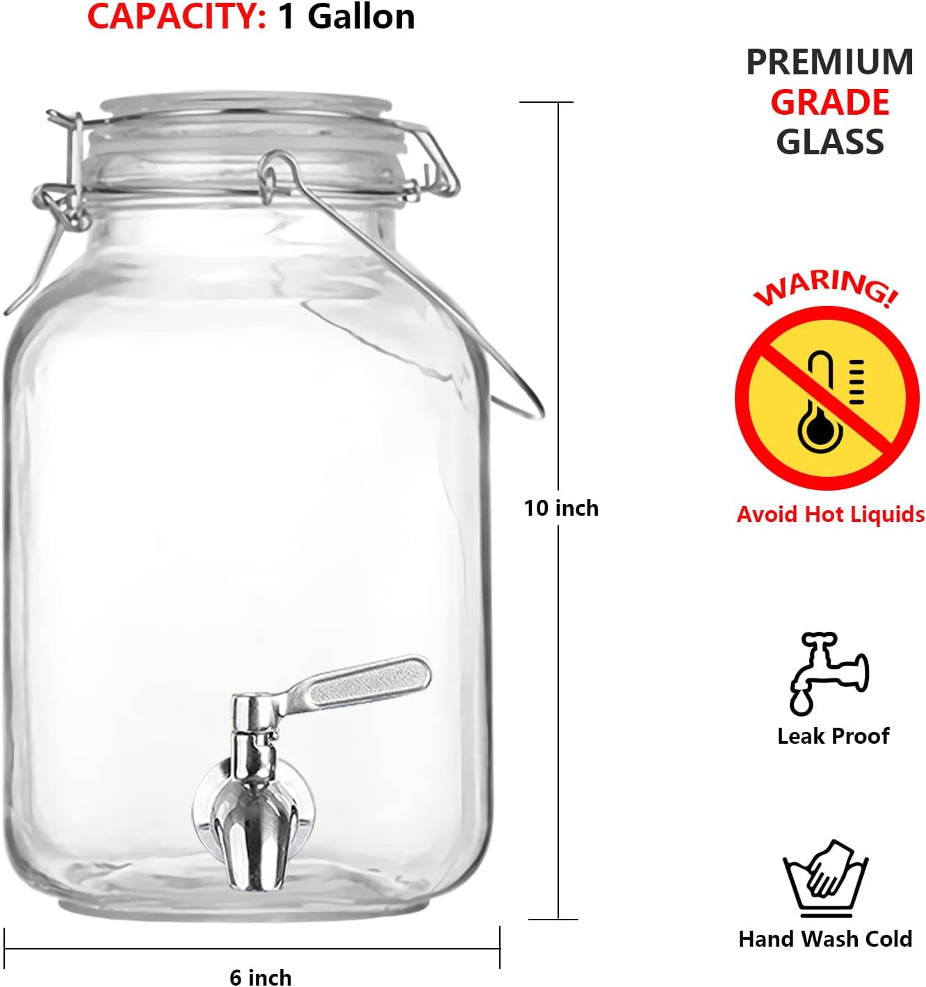 Glass Drink Dispenser for Parties, 1 Gallon Glass Beverage Dispenser with Spigot