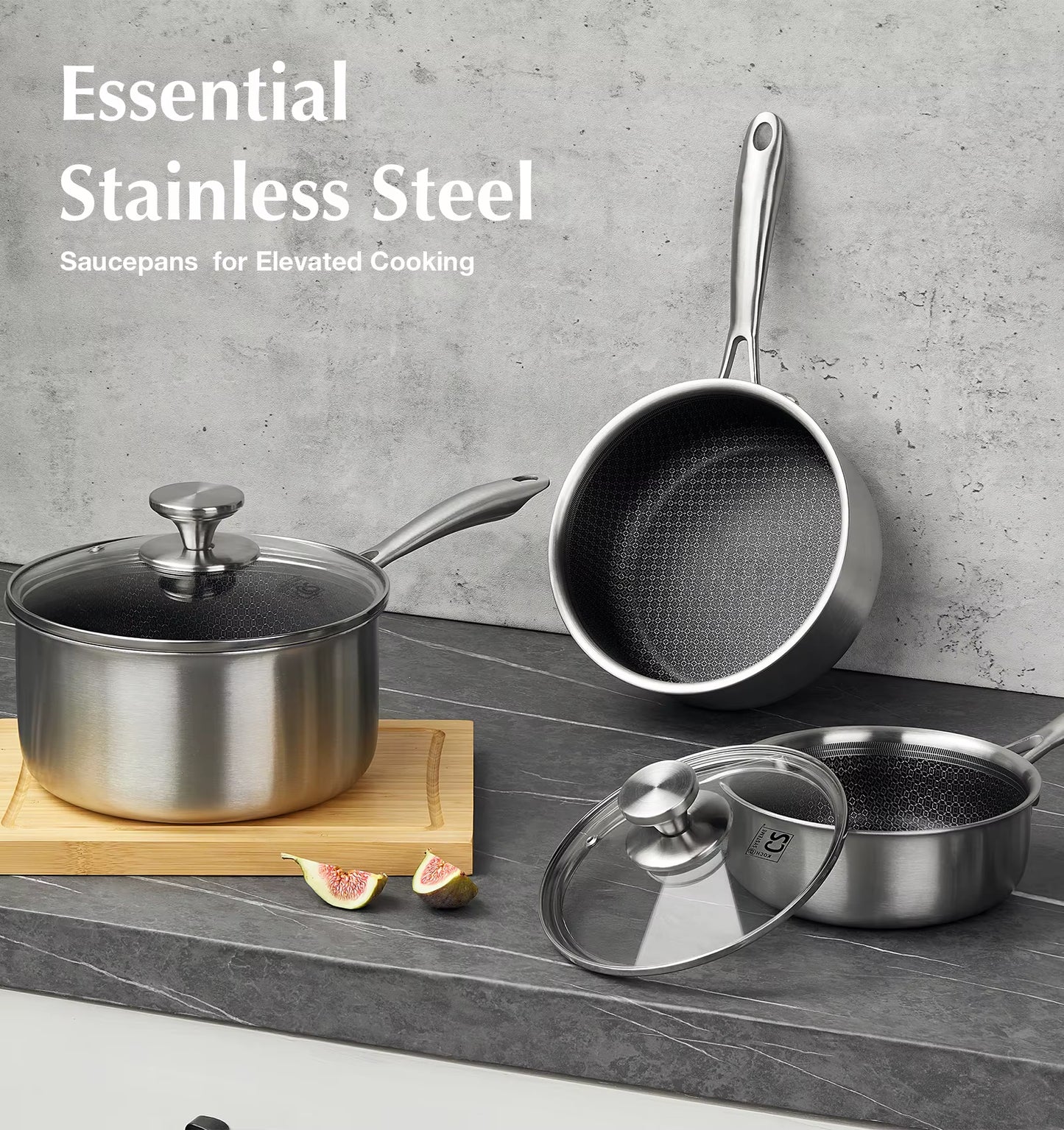 Hybrid Nonstick Stainless Steel Saucepan Set, 1QT & 2QT Triply Stainless Steel Saucepan Set