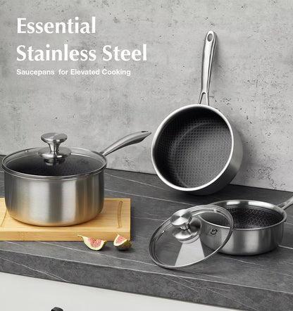 Hybrid Nonstick Stainless Steel Saucepan Set, 1QT & 2QT Triply Stainless Steel Saucepan Set