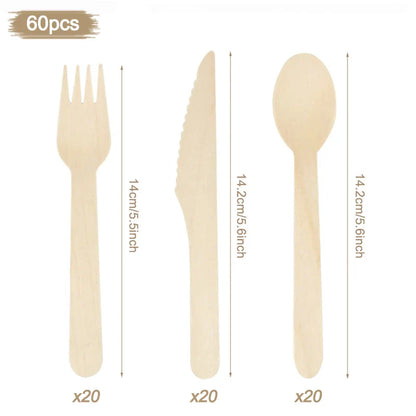 100% Compostable Cutlery Set - Wooden Compostable Utensils - Disposable Wooden Cutlery, Eco Friendly Forks and Spoons Disposable Cutlery Set Party Utensils
